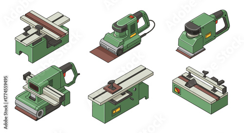 Collection of isometric green electric sanders with various types and designs