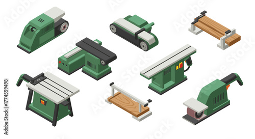 Isometric power tools collection: sanders, planers, and saws for woodworking projects
