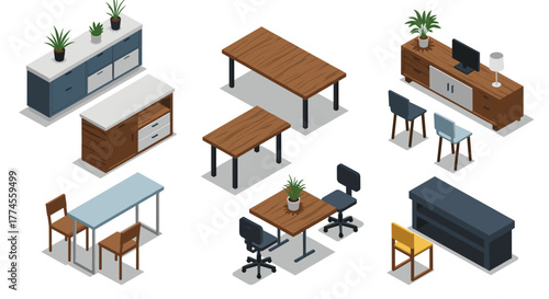 Isometric office furniture set with desks, chairs, and cabinets for modern interiors