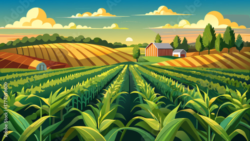 Very beautiful agricultural landscape illustration of Iowa cornfields, featuring lush green rows of corn under a bright sky, showcasing rural farmland and the Midwest’s rich agricultural scenery.