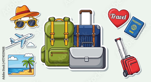 Cartoon travel elements representing preparation, vacation, and adventure planning