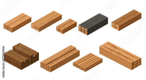 Isometric wooden plank collection for industrial and construction use