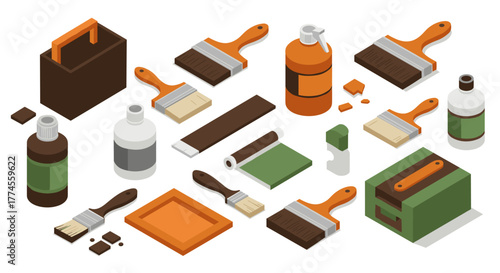 Isometric painting supplies set with brushes, bottles, and paint tools in geometric style