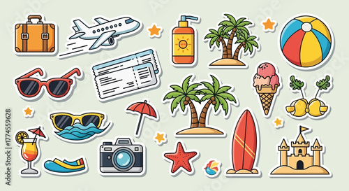 Vacation themed sticker set featuring summer elements and holiday essentials icons