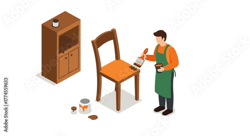 Diy furniture painting project with enthusiastic painter varnishing chair