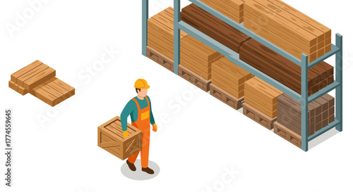 Worker in safety gear handling wooden crate in warehouse setting
