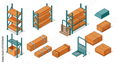 Isometric warehouse storage solutions with pallets and lumber