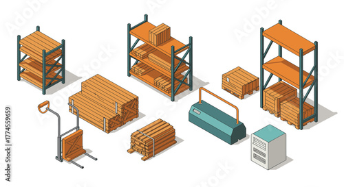 Isometric warehouse storage: shelves, pallets, and equipment in modern design