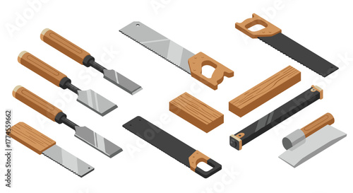 Isometric hand tools: saws, chisels, and wooden blocks for carpentry and crafting