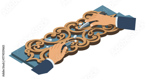 Intricate wood carving process: craftsman engraving ornate design in isometric style