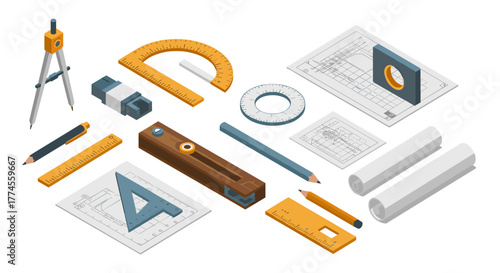 Isometric geometry tools with ruler, compass, and drafting supplies for architectural design