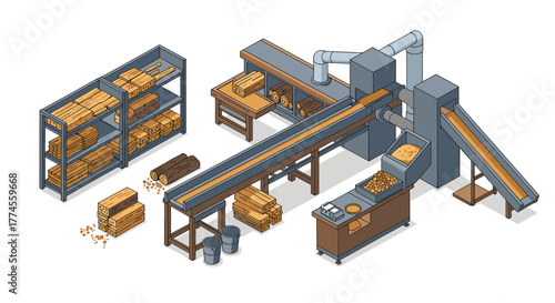 Efficient lumber production line in modern sawmill facility