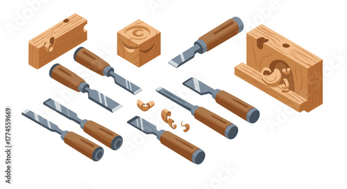 Isometric woodworking tools and techniques: chisels, carving, and blocks