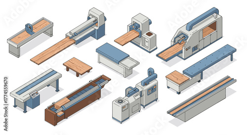 Isometric woodworking machines on white background