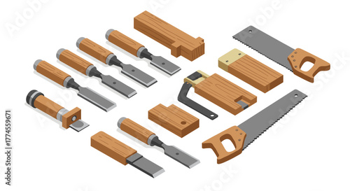 Isometric woodworking tools collection for crafting and carpentry projects