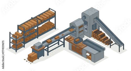 Isometric wooden plank production line with conveyor and storage shelf