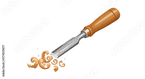 Realistic wooden handle chisel with wood shavings on white background