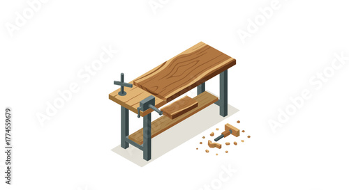 Isometric woodworking bench with tools and shavings