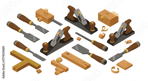 Isometric woodworking tools set with chisels and planes