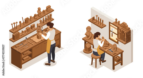 Isometric wood carving workshop with craftsman and tools in a creative studio setting