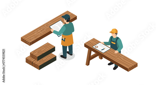 Isometric carpentry workshop scene with workers and wood materials on white background