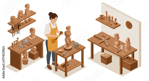 Woodcarving workshop scene with artisan and tools in isometric style