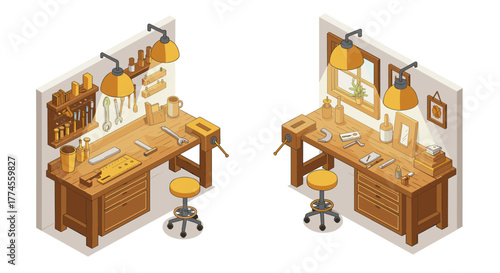 Cozy workshop with wooden workbenches and tools in isometric style