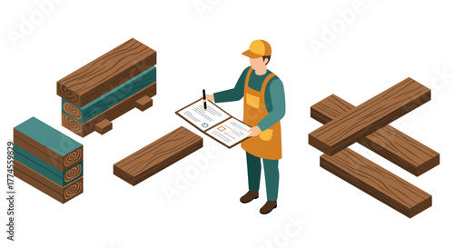 Isometric worker inspecting wood planks for construction project