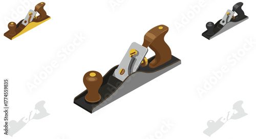 Isometric woodworking hand planes set in various colors
