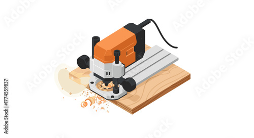 Isometric wood router machine on wooden board with sawdust particles