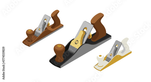 Colorful isometric woodworking planes with detailed handles