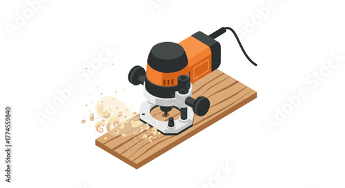Isometric wood router on wooden plank with sawdust