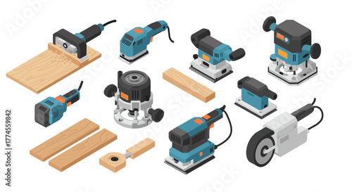 Isometric electric power tools collection for woodworking projects