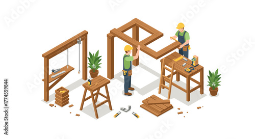 Isometric construction site with workers building wooden structure