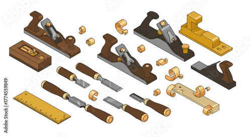 Isometric carpentry tools: hand planes, chisels, and ruler