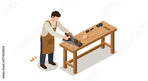 Carpenter using hand plane on workbench in isometric style