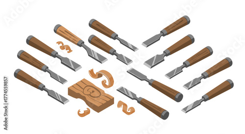 Isometric wood chisels set with carved wooden details