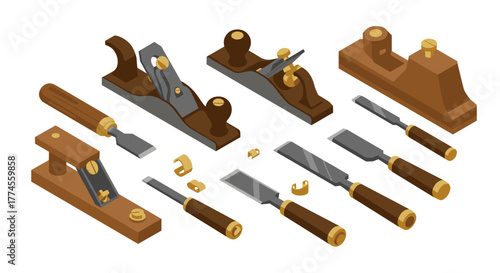 Isometric woodworking hand tools collection on white background
