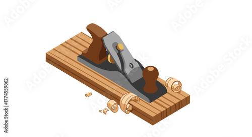 Isometric carpentry plane tool with wood shavings on wooden surface