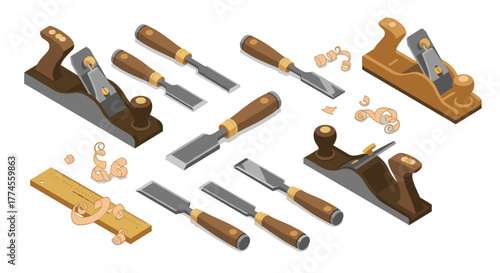 Isometric woodworking tools set with plane and chisels