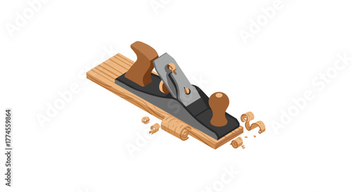 Isometric woodworking plane on wooden plank with shavings for carpentry design