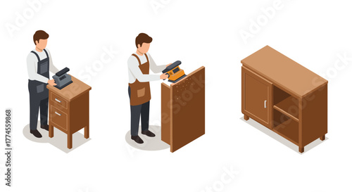 Isometric woodworking scene with carpenter sanding and assembling furniture