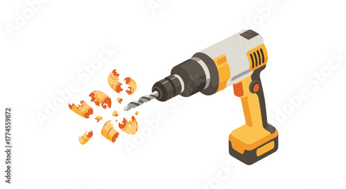 Isometric power drill with wood shavings on white background