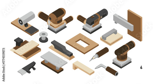 Isometric woodworking tools and equipment set for carpentry and diy projects