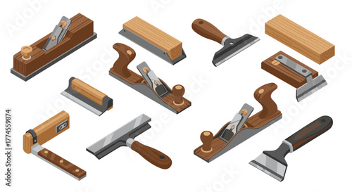 Isometric carpenter tools with wooden handles for woodworking projects