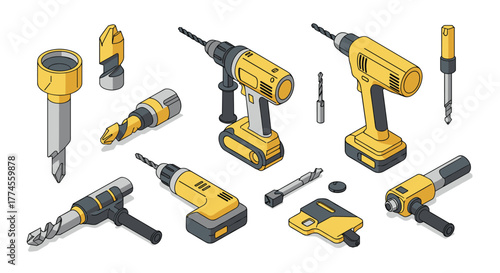 Comprehensive collection of isometric power tools and drill accessories