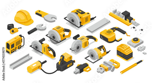 Construction tools isometric set featuring saws, drills, helmet, and wrenches in yellow and gray