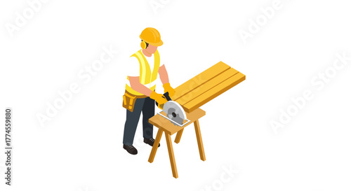 Construction worker cutting wood with circular saw in isometric style