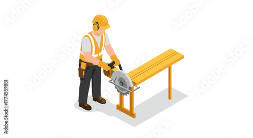 Isometric carpenter using circular saw on workbench