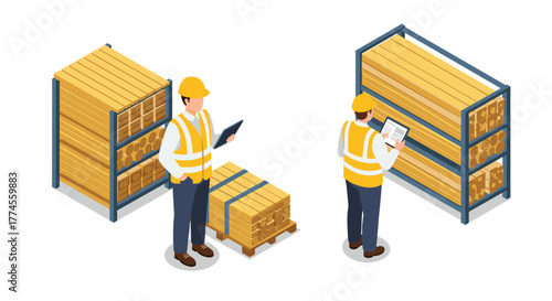 Construction workers analyzing lumber supplies on warehouse shelves in isometric design